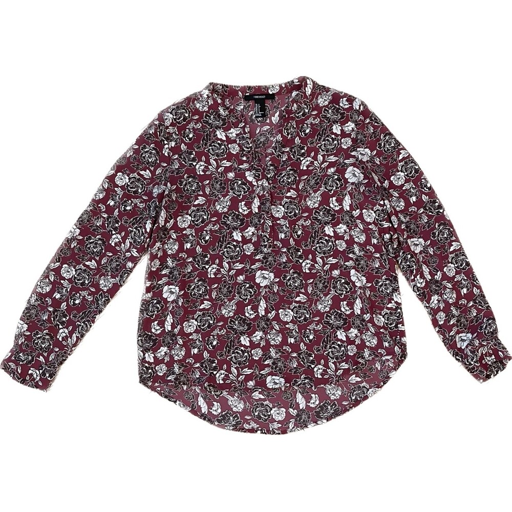 Forever 21 | Red Floral Collarless Long Sleeve  Blouse | Small